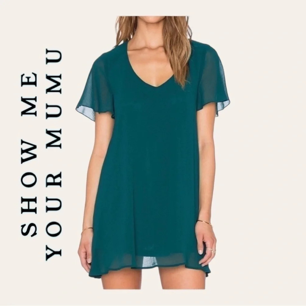 0435W. Show ME YOUR MUMU FLUTTER‎ SLEEVES MINI DRESS FLOWY HUNTER GREEN SIZE XS